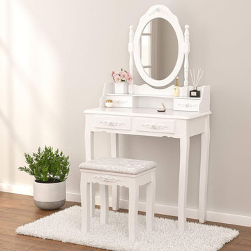Vanity Table Set with 4 Drawer,Makeup Dressing Table w/Cushioned Stool,Girls Women Bedroom Furniture Set Oval Mirror