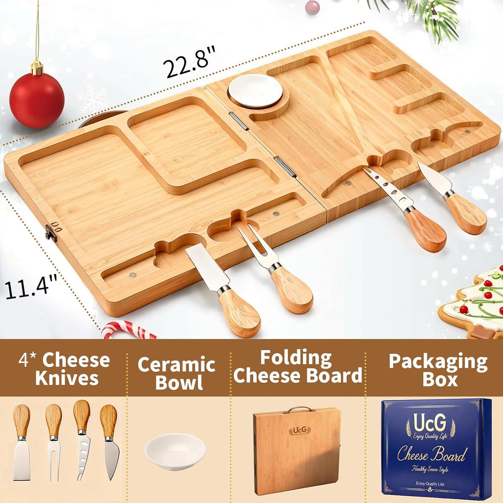 Charcuterie Board Gifts for Women: Bamboo Folding Cheese Board with Knife | Unique White Elephant Gift Wedding