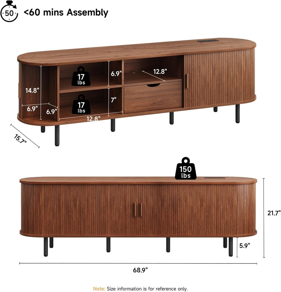 69" TV Stand with Power Outlet for TVs up to 80", Entertainment Center with Storage and Drawer, TV Console with Adjustable Shelves and Sliding Door, TV Stand for Living Room, Bedroom, Walnut