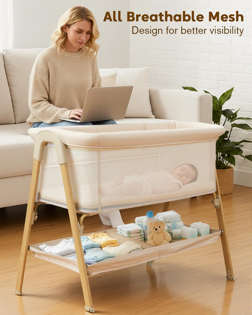Bassinet, Bedside Bassinet for Baby | Bassinet Bedside Sleeper with Mattress, Storage Basket and 4 Auto-Lock Wheels
