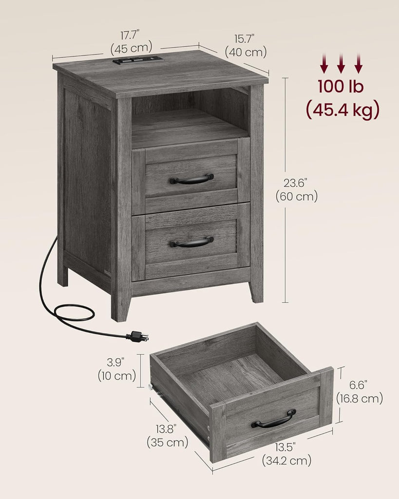 Farmhouse Nightstands with Charging Station, Set of 2 Bedside Tables, Side Tables with 2 Drawers, Open
