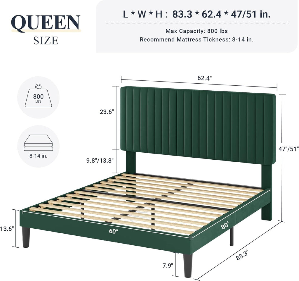 Queen Bed Frame, Velvet Upholstered Platform Bed with Adjustable Vertical Channel Tufted Headboard