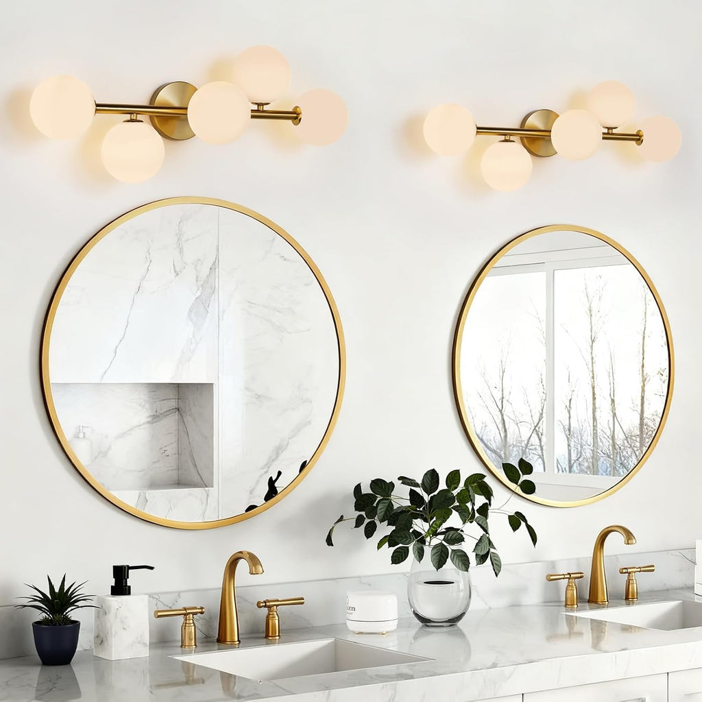 Modern Bathroom Vanity Light Fixtures,LED Brushed Gold Wall Sconce Lighting | 5 Lights Milk Glass Globe Vanity