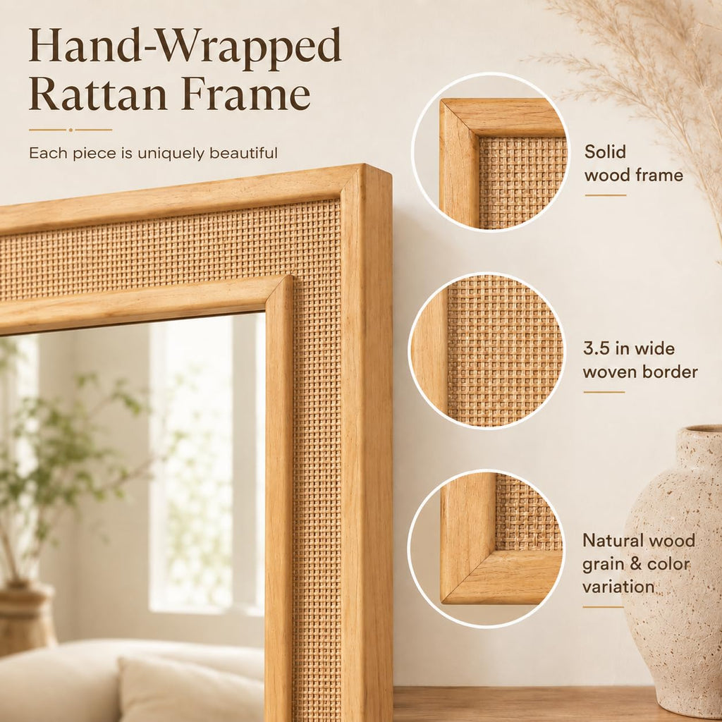 Rattan Mirror 20x30 Inch, Rectangle Wood Bathroom Mirror