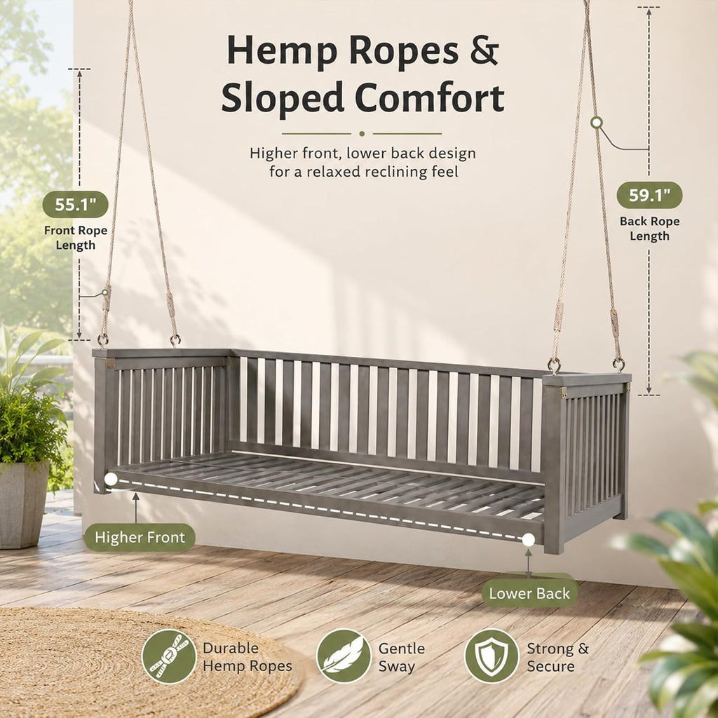 Outdoor Porch Swing Bed, Twin Size Acacia Wood Hanging Daybed with Hemp Ropes, Minimalist Patio Swing Bed for Garden