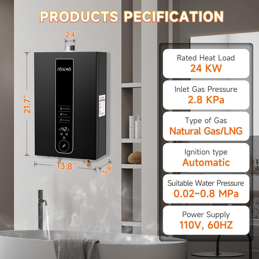 Natural Gas Tankless Water Heater, 4.74 GPM 18L Indoor, Constant propane water heater