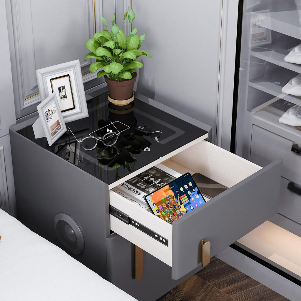 Smart Nightstand with Drawers and Safe,Nightstand with Wireless Charging, Modern Bedside Table with Strongbox, USB