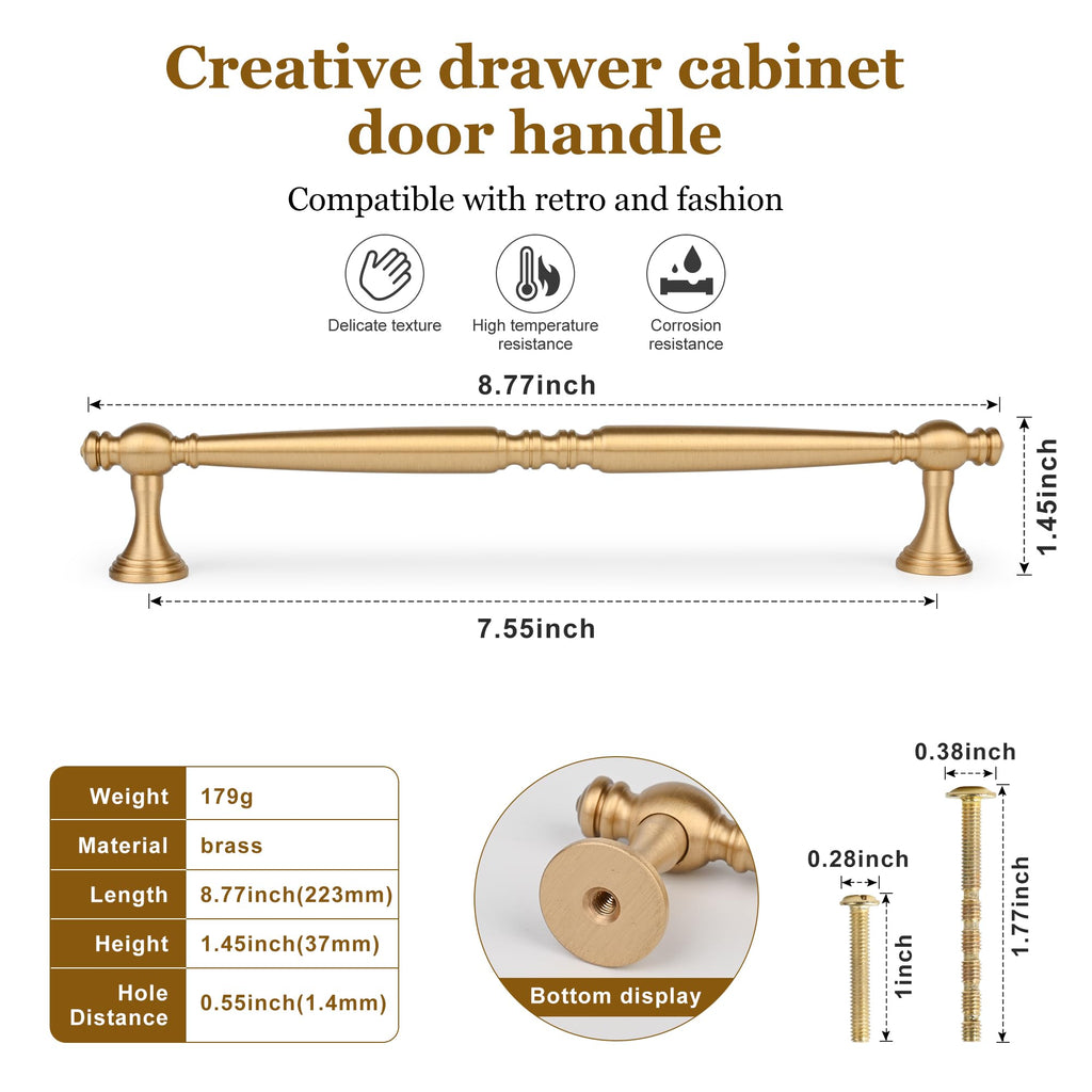 7-1/2" Solid Brass Cabinet Pulls, Brushed Gold 5-Pack