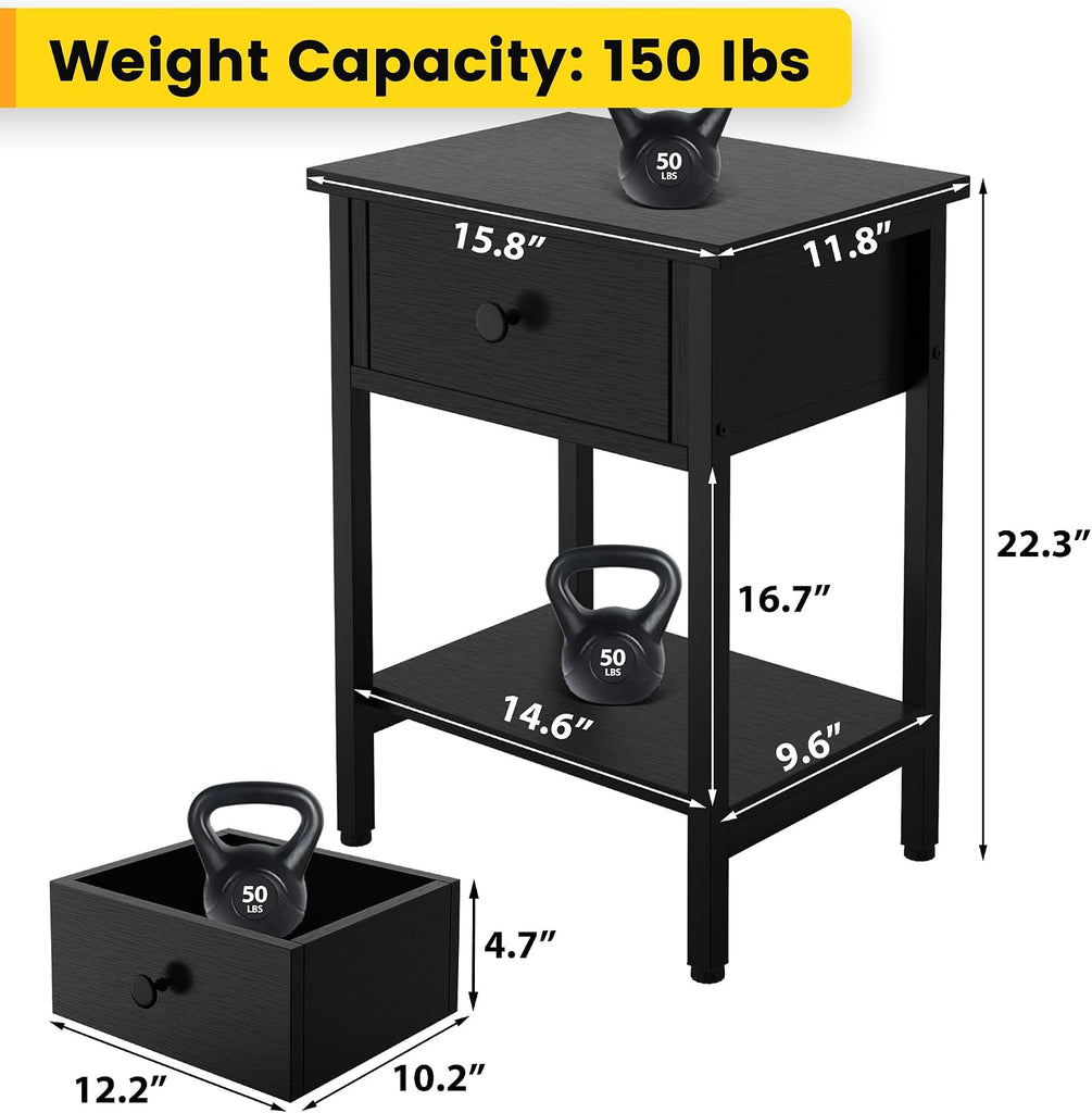 Nightstands Set of 2 with Drawers, Bedside Table Set of 2 with Storage Shelf, Heavy Duty End Side Table Bedroom Small