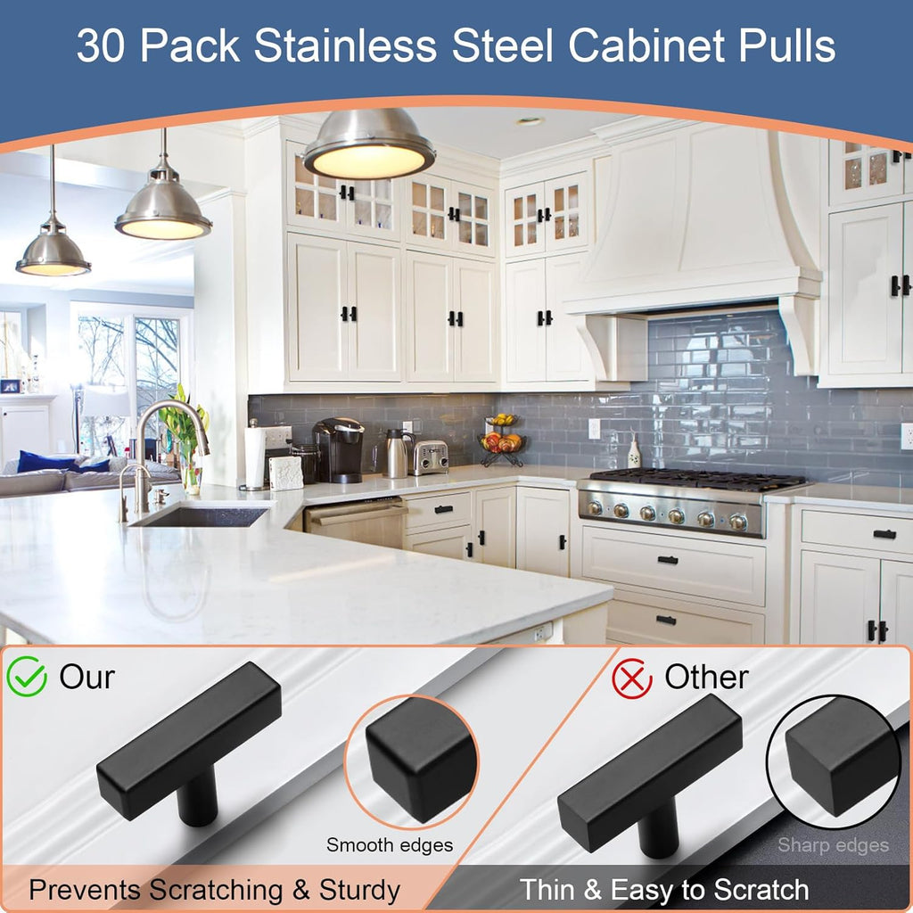 30 Pack Square Cabinet Knobs Matte Black Drawer Knobs 2" Length, Single Hole Kitchen Knobs Pulls, Stainless Steel