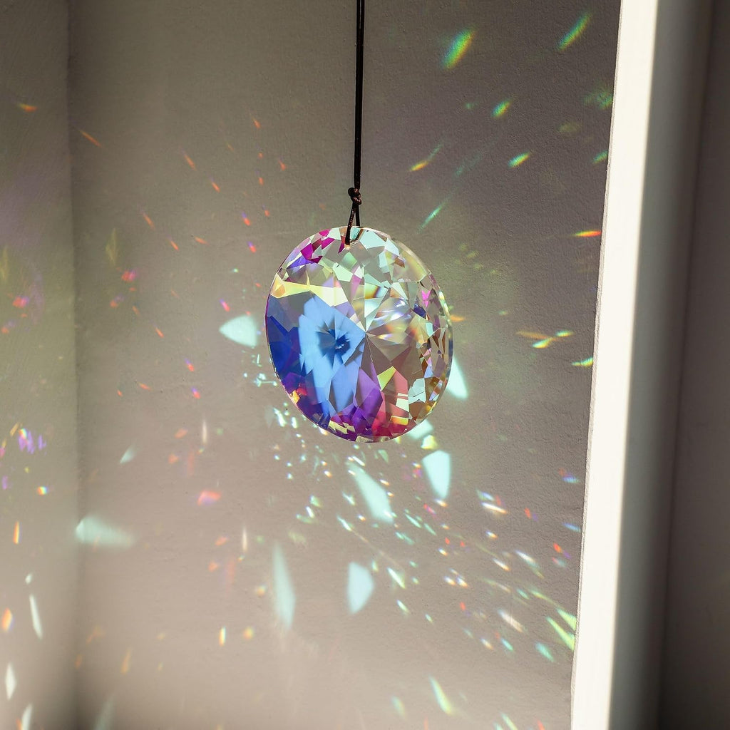 3 Inch Round Crystal Prism Suncatcher, AB Color Rainbow Maker - Faceted Crystal Pendant, Window Hanging Ornament