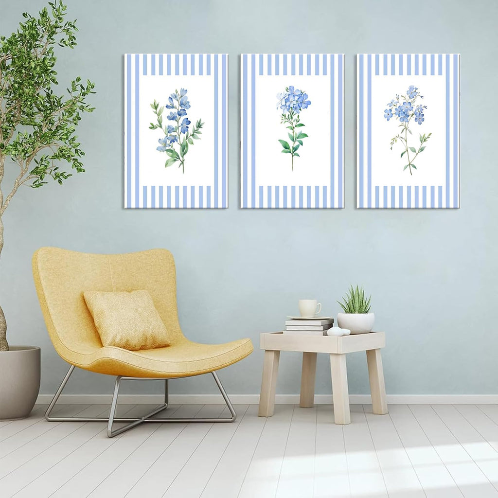Rustic Blue and White Striped Canvas Floral Wall Art Prints Set of 3, Retro Cottagecore Botanical Flower Posters