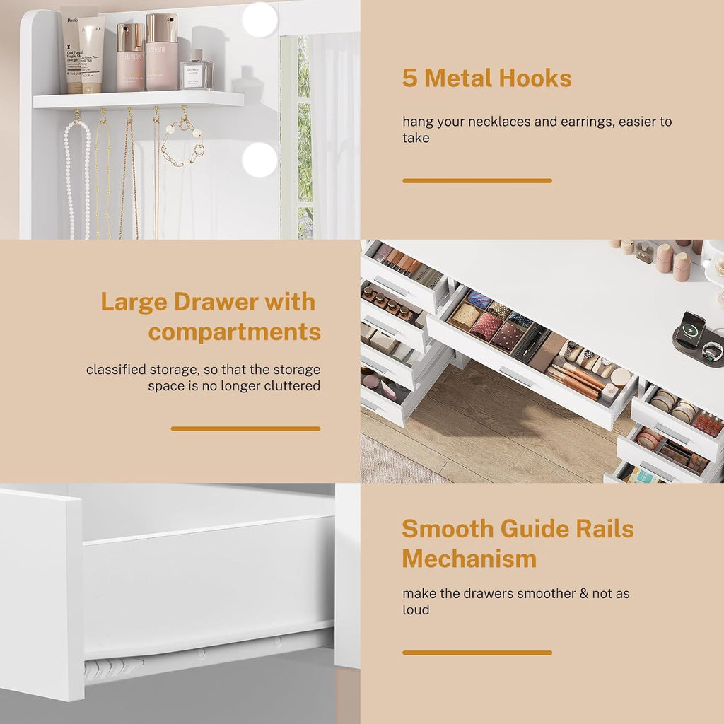Vanity Desk with Mirror and Lights, Makeup Vanity with 9 Drawers, 4 Shelves & 5 Jewel Hooks, White Vanity with Outlet