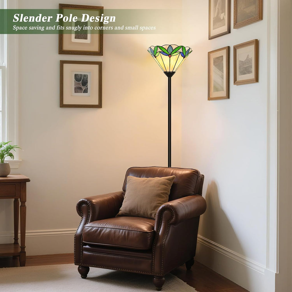 Floor Lamp with Tree Leaf Stained Glass Shade, Torchiere Floor Lamp, Tall Corner Pole Lamp with Foot Switch
