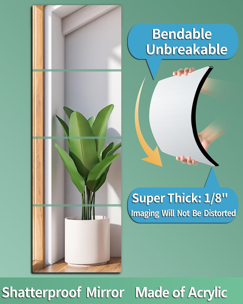 Shatterproof Wall Mirror Full Length , Acrylic Gym Mirrors , Extra Thick: 0.12 inch, 12 x 12 inch x 4 Pcs, Workout