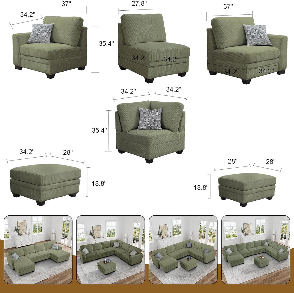 Oversized Modular Sectional Sofa, U/L‐Shaped Reversible Couch with Ottoman, Deep Seat Corduroy Sofa, 13‐Seater, Olive