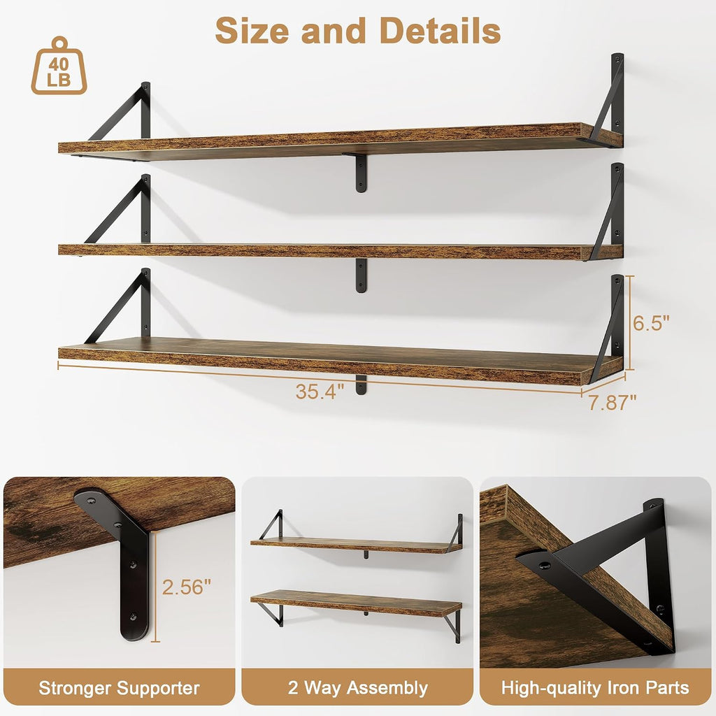 Floating Shelves for Wall, 36 Inches Long Set of 3 Wall Shelves , Floating Bookshelves with Metal Brackets  and
