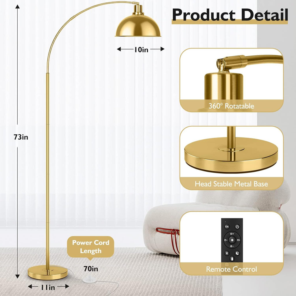 Arc Floor Lamps, Modern Tall Standing Lamp Remote Control,Stepless Dimmable Gold Floor Lamp with Hanging Dome Shade