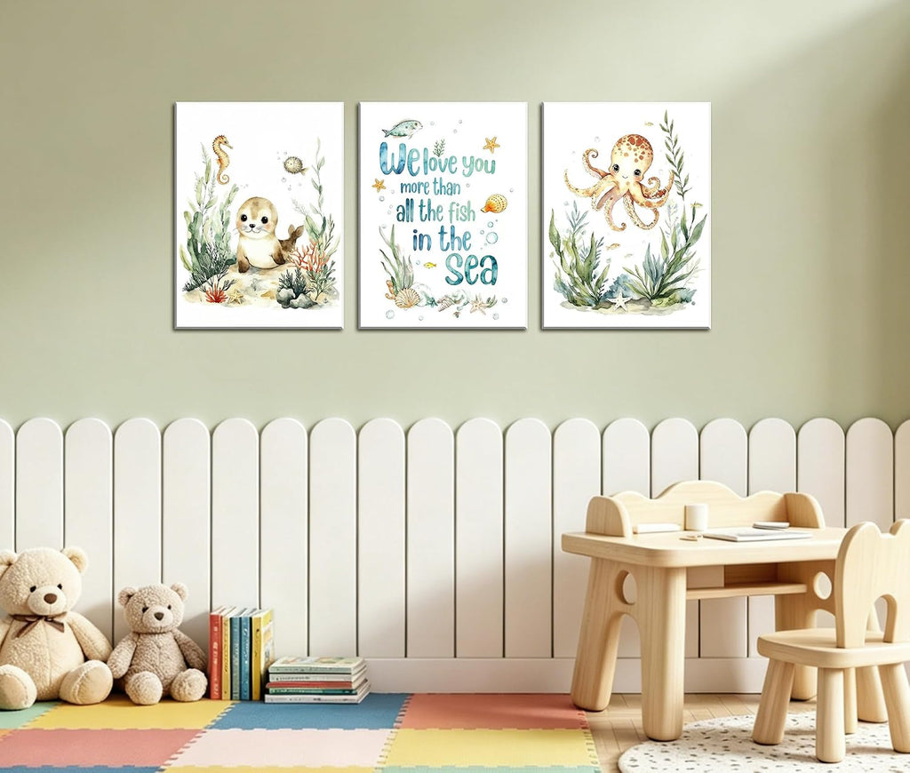 Framed Ocean Nursery Canvas Wall Art, Cute Sea Animals with Quote, Set of 3, 12x16 Inch, Kids Room Decor