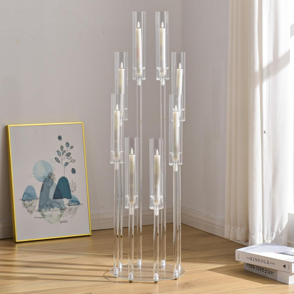 4PCS 8 Arms Clear Candelabra Candle Holder,38.5 inches Tall Arcylic Candlesticks Holder with Shade for Table Dinner
