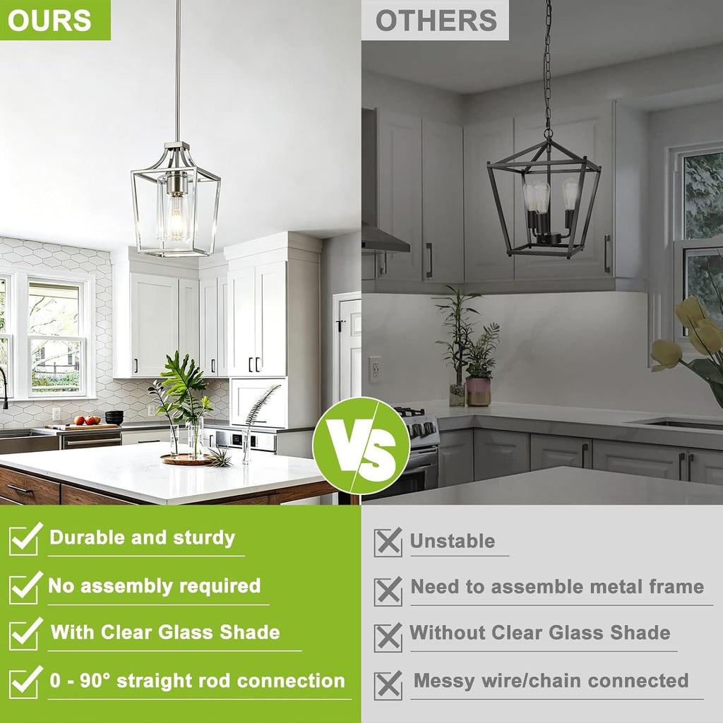 Brushed Nickel Lantern Pendant Light Fixture Pendant Lights for Kitchen Island with Clear Glass Shade, Adjustable
