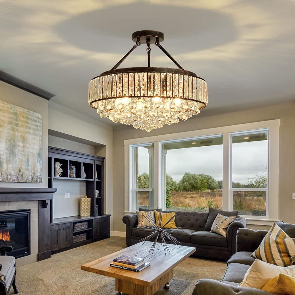 6 Light Modern Crystal Oil Rubbed Bronze Metal Semi Flush Mount Ceiling Light Fixture E26 Indoor Round Ceiling Lamp