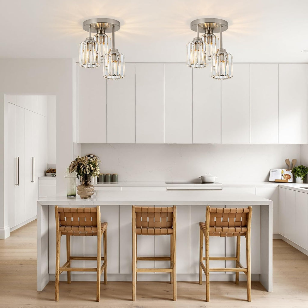 Brushed Nickel Semi Flush Mount Ceiling Light, 3-Light Modern Crystal Chandelier with Clear K9 Crystal Shades