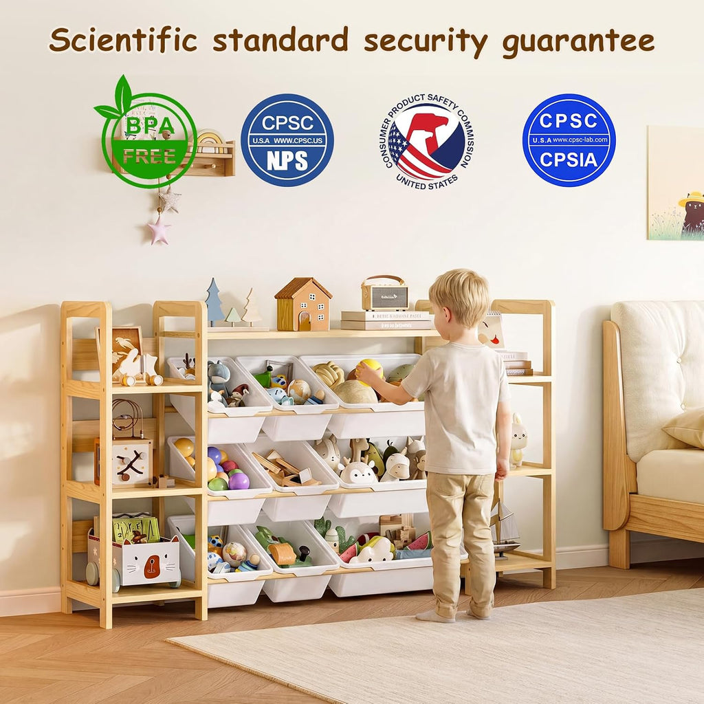Large Toy Storage Organizer, Top Rack, 6 Side Shelves, 9 Bins | Solid wood kid-height storage for toys, books and