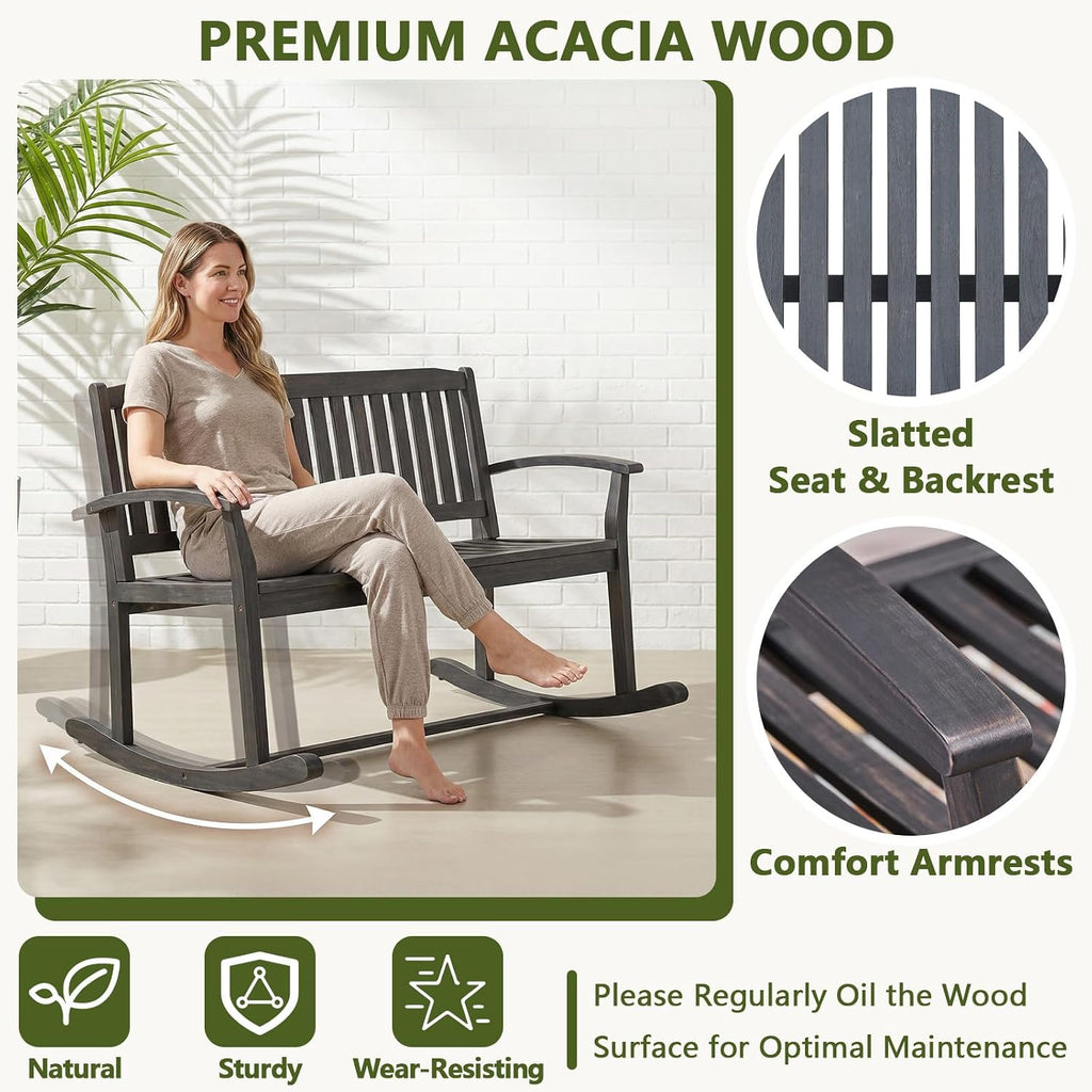 49" Outdoor Rocking Loveseat Bench, 2-Person Double Rocking Chair with Slatted Back/Curved Armrests, Porch Glider for