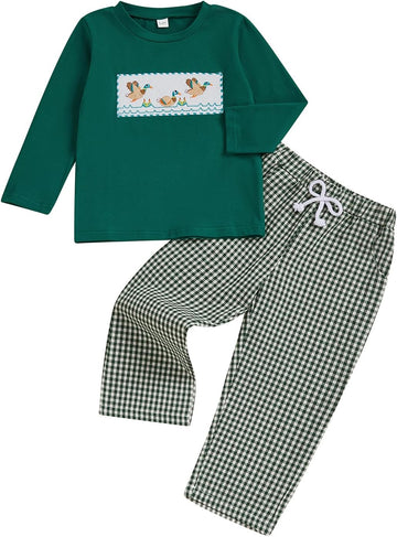 Toddler Baby Boy Hunting Outfit Long Sleeve Mallard Duck Sweatshirt T-shirt Gingham Pants Two Piece Smocked Clothes