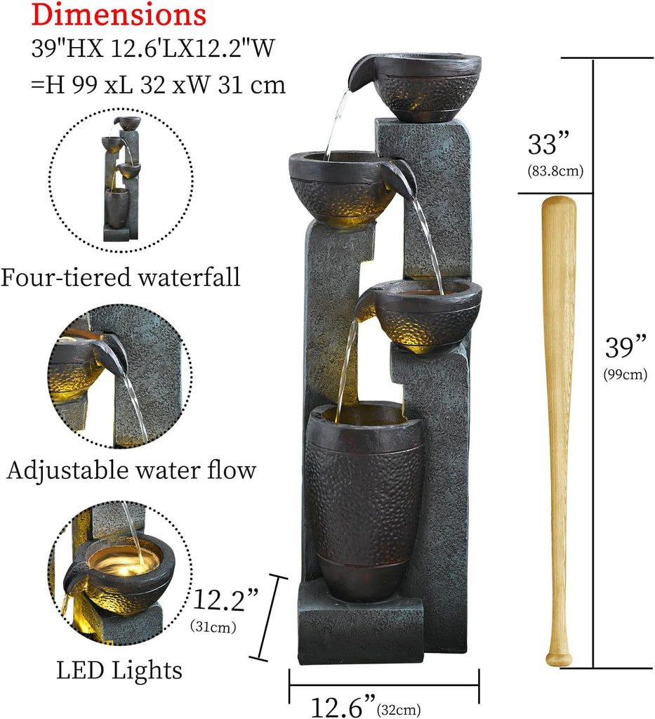 40" Inch Water Fountain Outdoor&Indoor 4-Tiers Large Outdoor Patio Decor Gray Garden Water Fountain for Outside