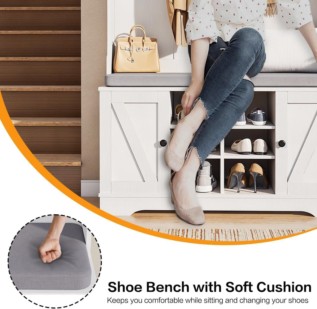 71" Hall Tree with Bench and Shoe Storage, Entryway Hall Tree with 2 Doors and 6 Adjustable Shelves, Cushioned