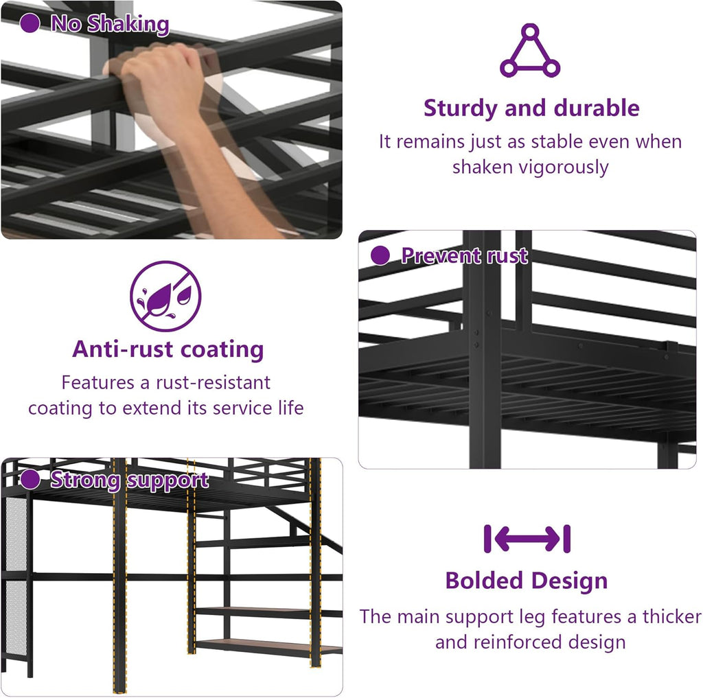 Full Loft Bed with Desk & Storage Stairs, Metal Full Loft Bed Frame with Iron Nets, LED Lights & USB Ports