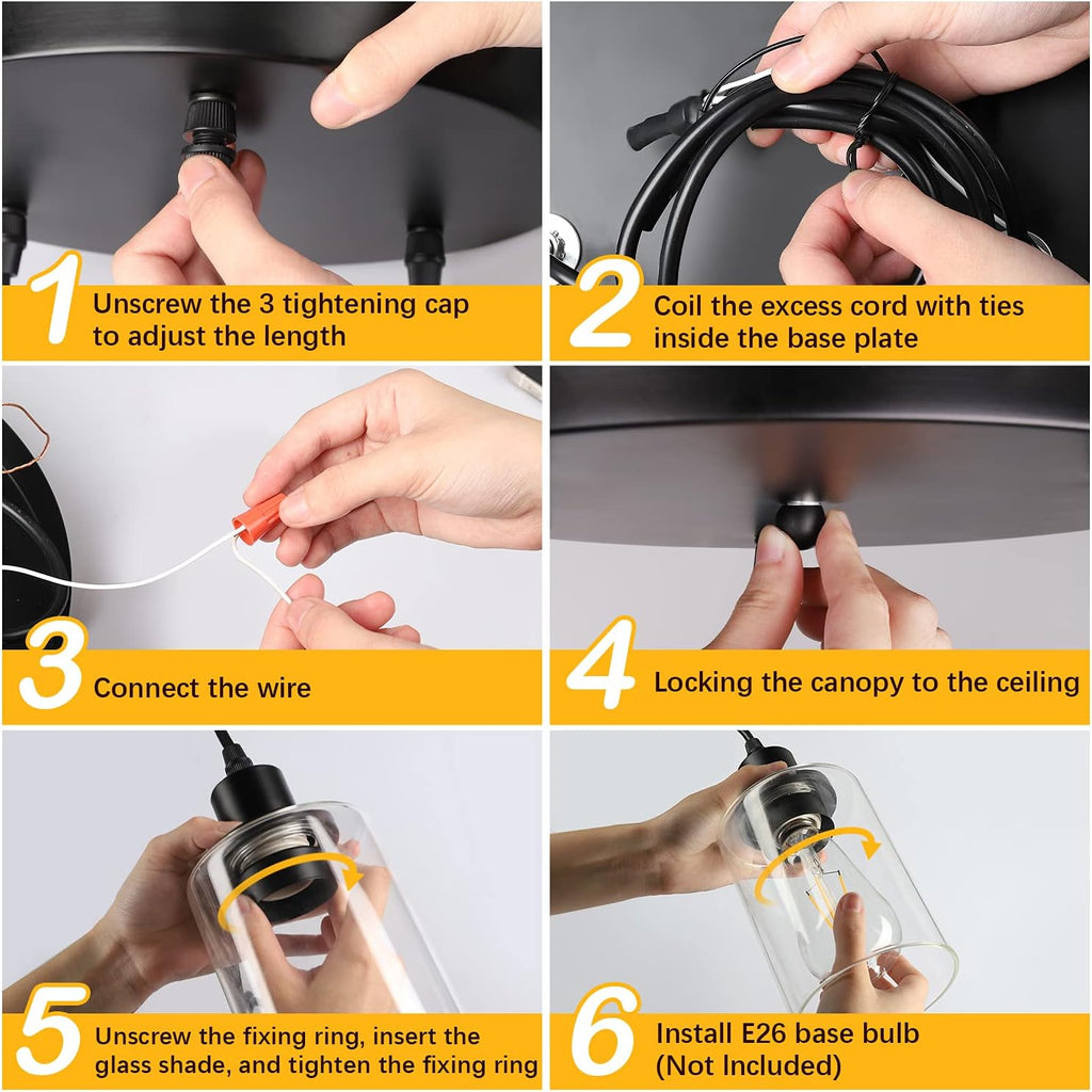 Industrial 3-Light Pendant Light, Adjustable Hanging Light Fixture with Clear Glass Shade, Pendant Lighting E26 Base