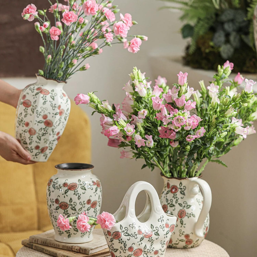 Vintage Ceramic Vase - 8.2 Inch Hand-Painted Roses with Ice Crackle Glaze Finish, American Farmhouse Style Pitcher Vase