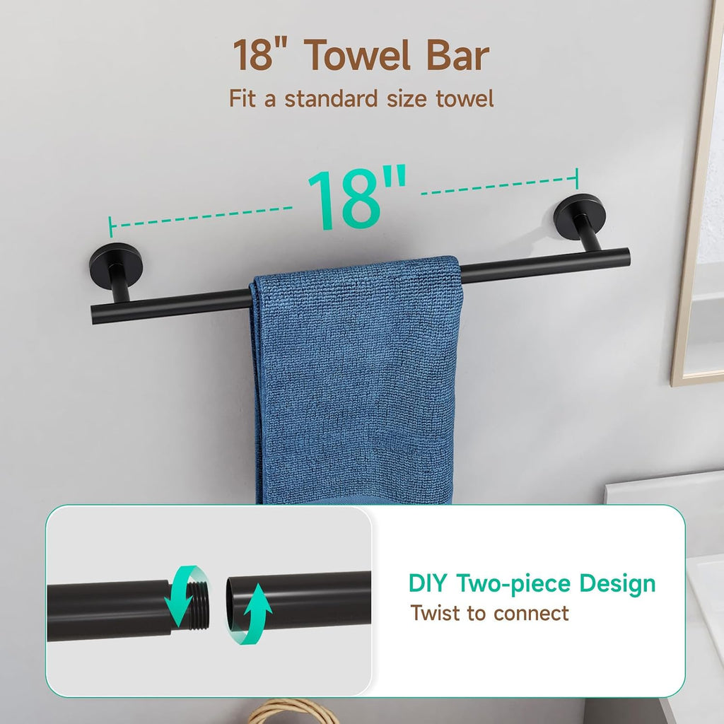 4PCS Matte Black Bathroom Accessories Set, 18-Inch Towel Bar Set | Durable SUS304 Stainless Steel Bathroom Hardware