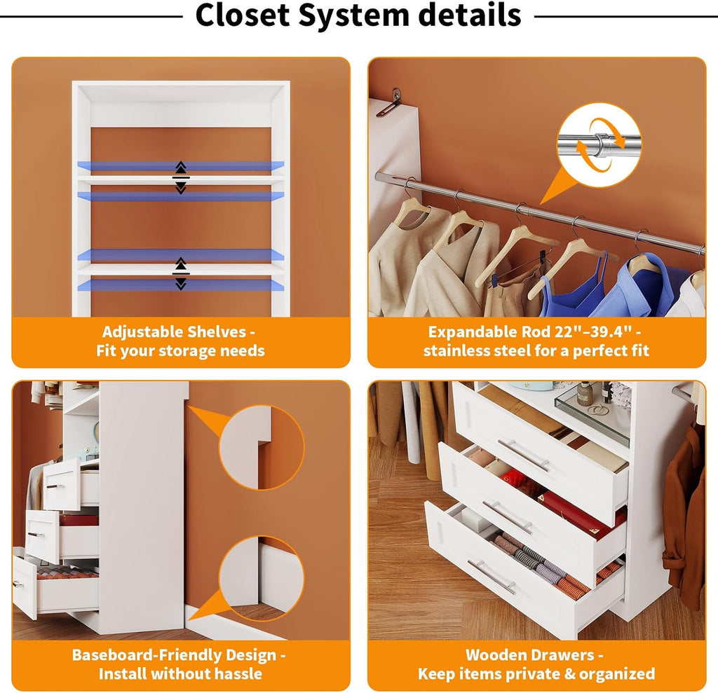 Closet System with 3 Sets, 6FT-15FT Closet Organizer Systems with 6 Wooden Drawers 8 Shelves & 4 Hanging Rods, Walk