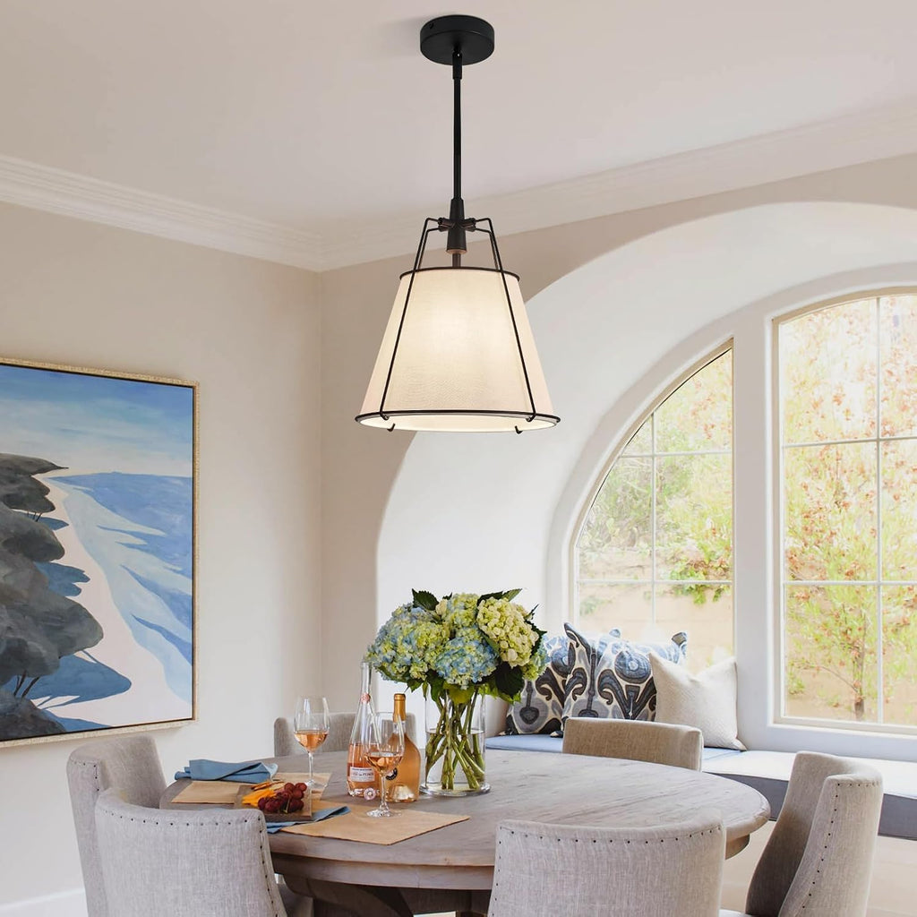 Modern Pendant Light Fixtures with 12" White Linen Fabric Shade, Adjustable Hanging Light Fixture,Drum Black Vintage