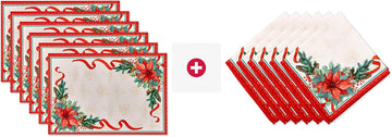 Poinsettia Ribbon Engineered Printed Fabric Christmas Tabletop for Xmas Winter Holiday, Christmas Time - 13 x 19