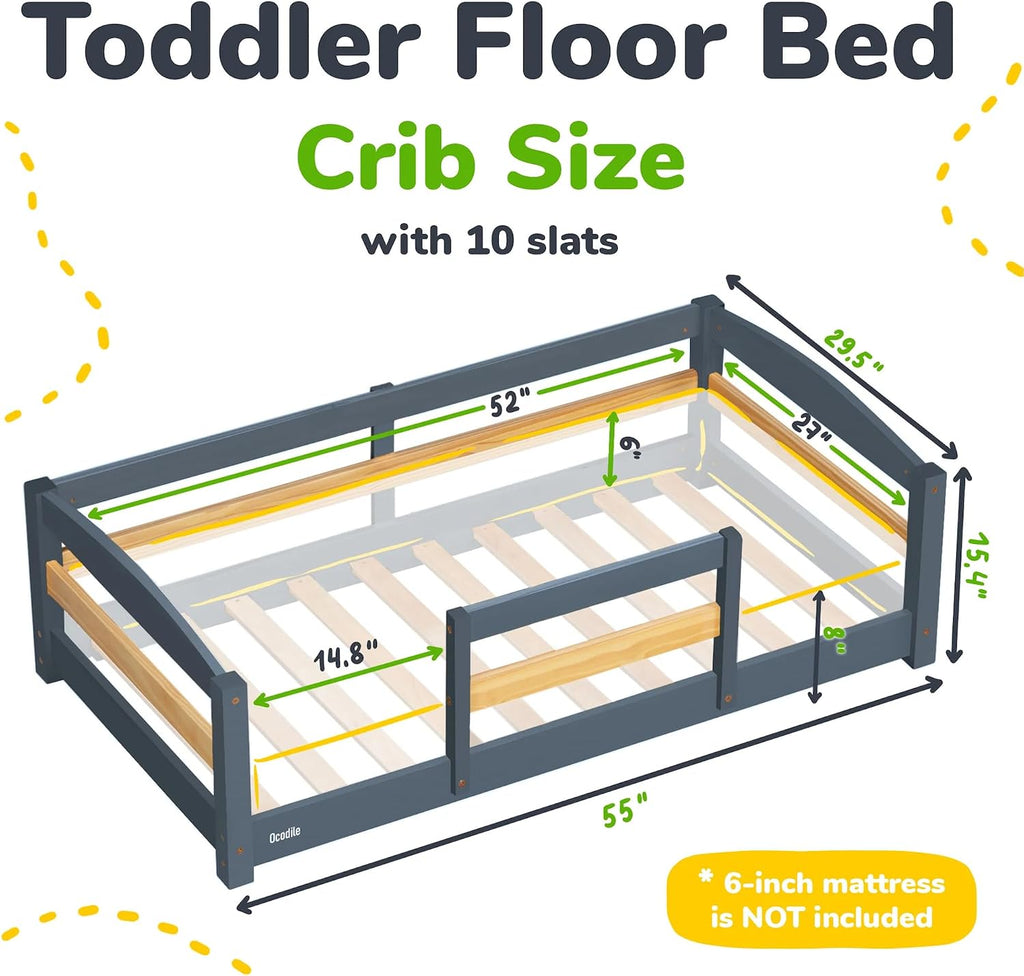 Toddler Bed with Rails | Low Montessori Floor Bed Frame for Kids | Standard Crib Size Wooden Frame for Independent