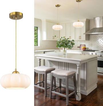 9.84" Mid-Century Modern Pendant Lights Kitchen Island,1-Light Brushed Gold Kitchen Light Fixtures with Opal Milky