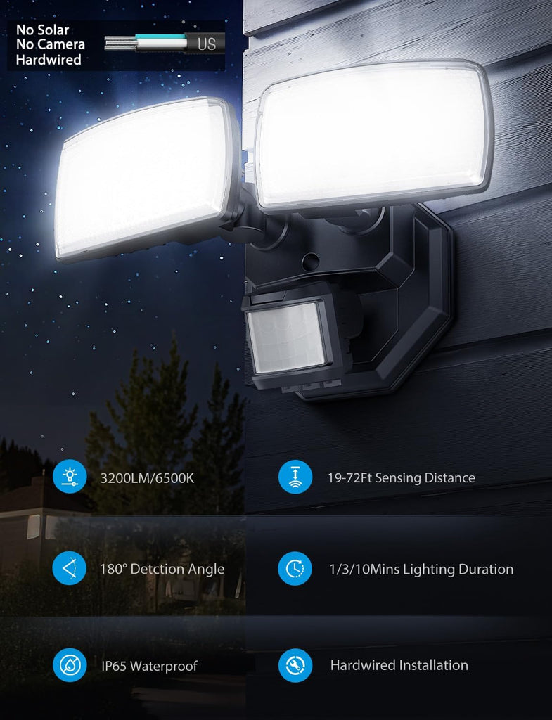 32W 2 Head Motion Sensor Outdoor Lights, 3200LM 6500K LED Security Light Hardwired, Dusk to Dawn, Motion Detector