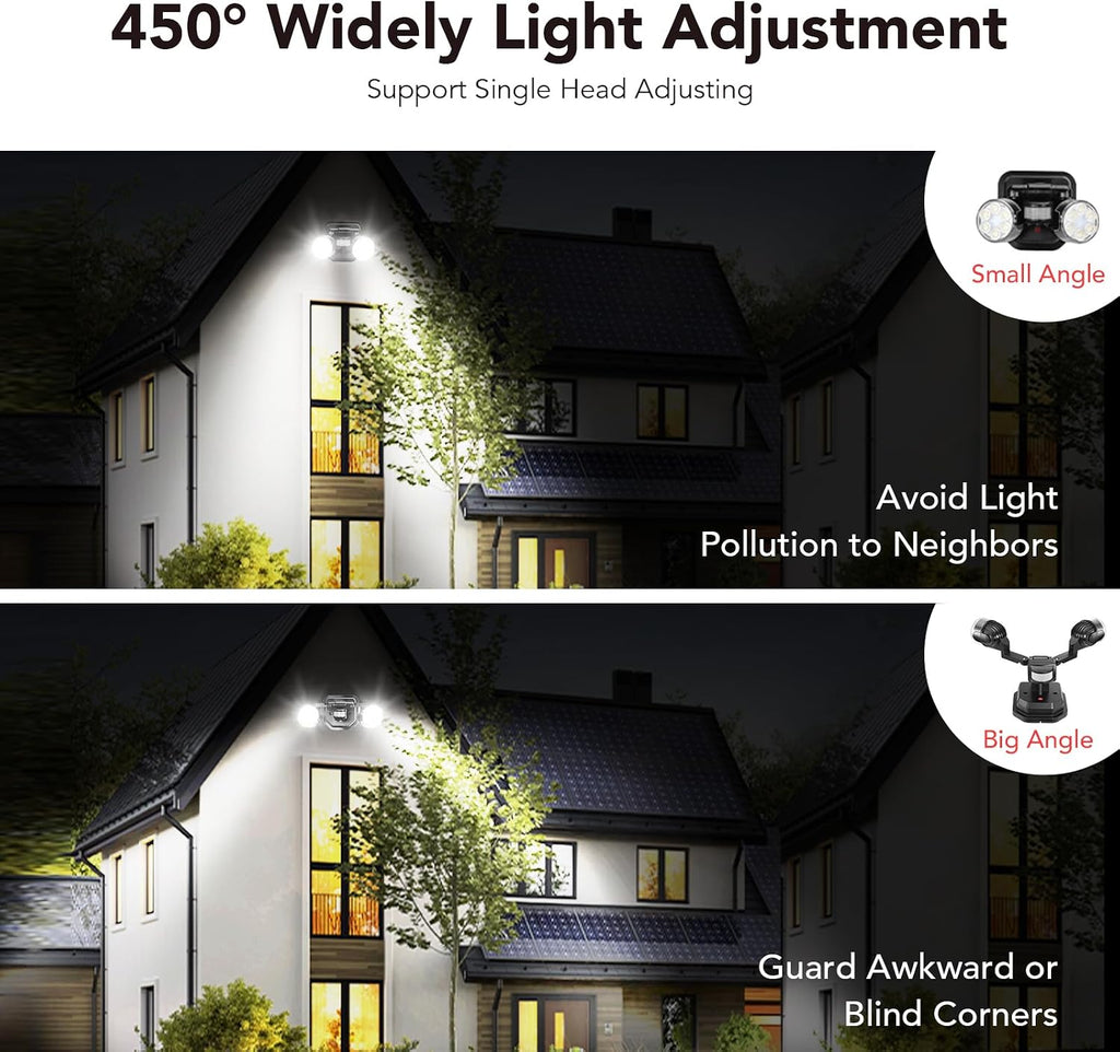 Motion Sensor Outdoor Security Light, Adjustable Dual-Head LED Flood Light, 3 Modes(Motion/Manual/Dusk to Dawn), 150W
