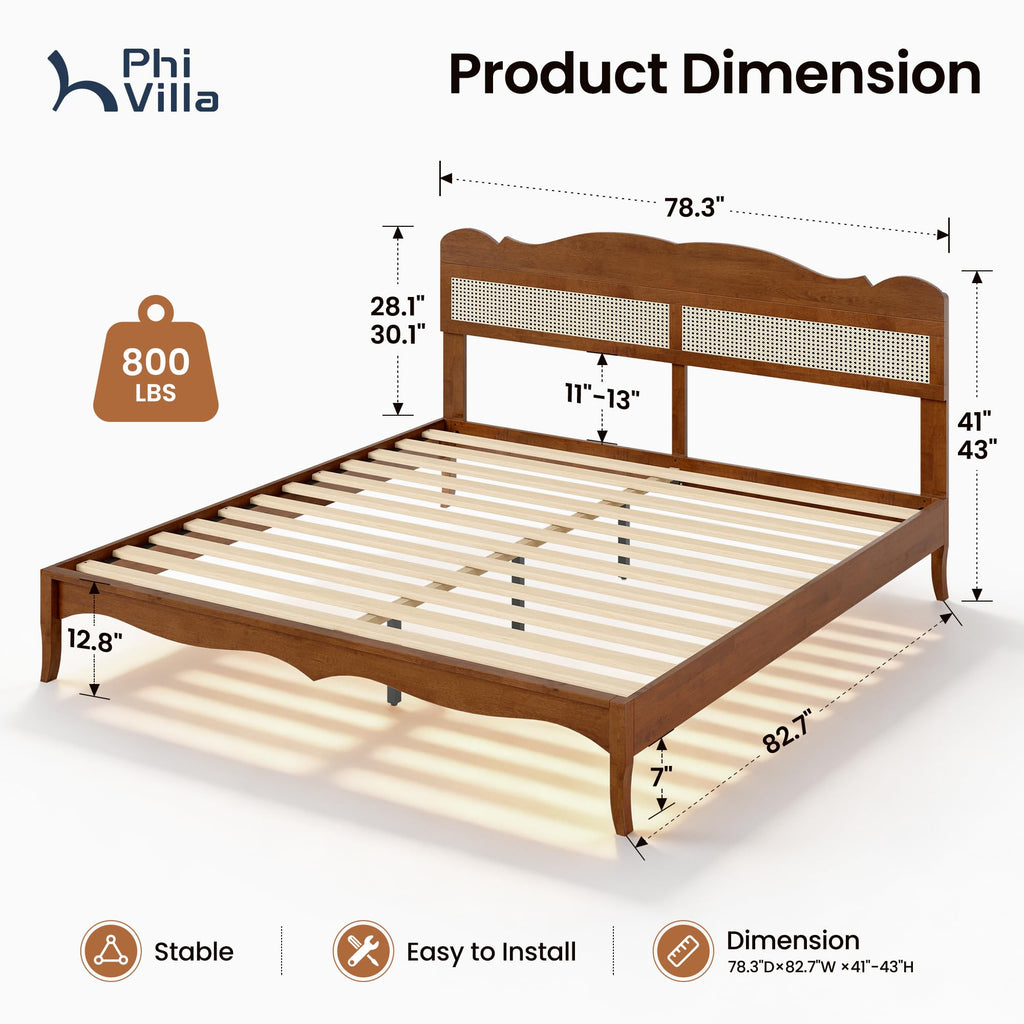 Solid Wood King Size Bed Frame with Adjustable Headboard