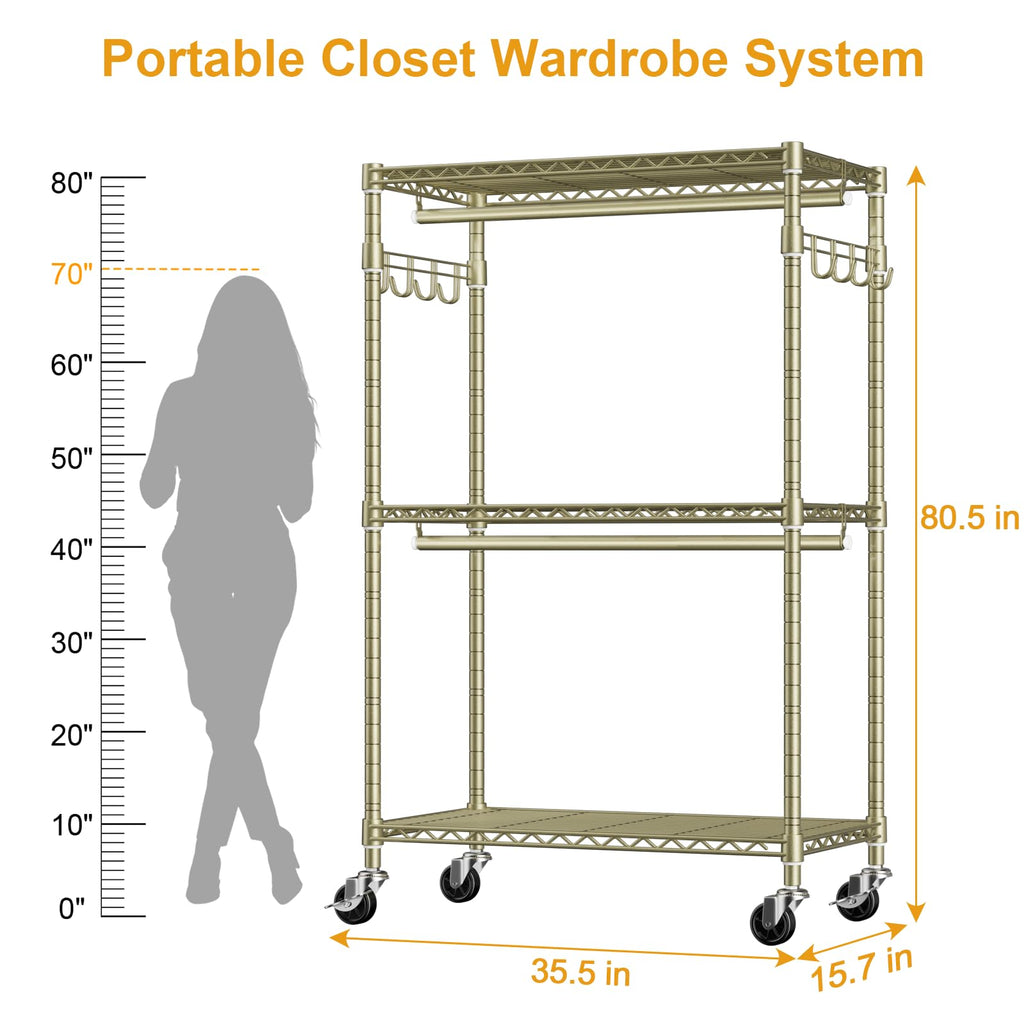 P1 Rolling Clothes Rack, Gold Portable Wardrobe Closets with Wheels