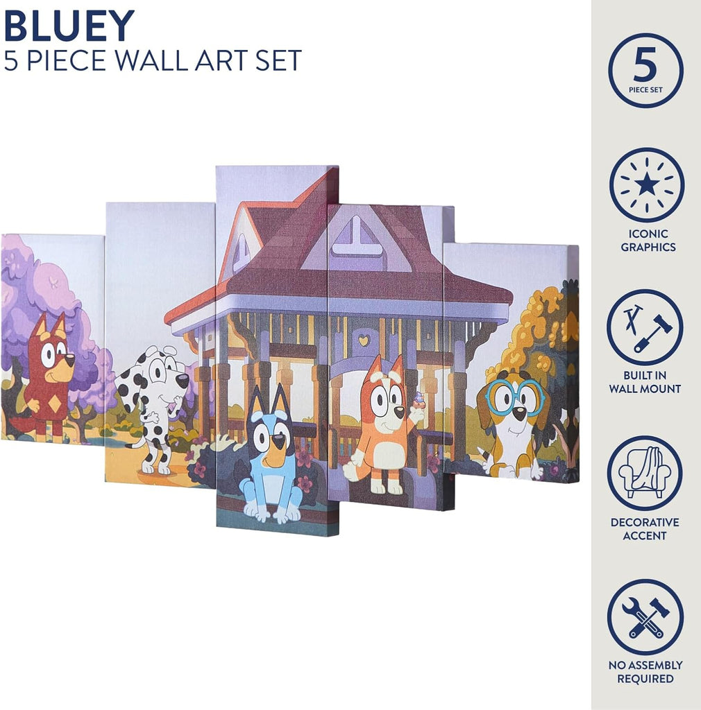 Bluey 5 Piece Wall Art Set,Kids Room Décor with Iconic Graphics, Ready to Hang Canvas Panels, Decorative Accent for