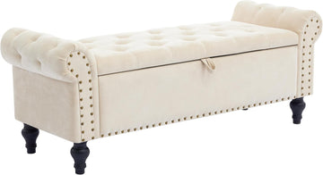 51" Storage Bench , Upholstered Ottoman Bench, Chenille Beige | End of Bed Bench , Window Benches , Ottoman with