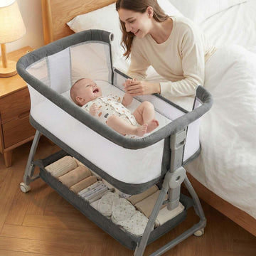 Bedside Bassinet for Baby, Sturdy 3 in 1 Bedside Sleeper with Mattress & Wheels, Height Adjustable, Breathable Mesh