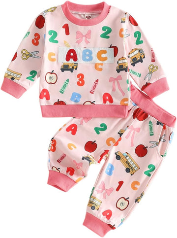 Kids Toddler Boy Girl Back to School Outfit First Day of School Smocked Sweatshirt Pants Set Kindergarten Outfits