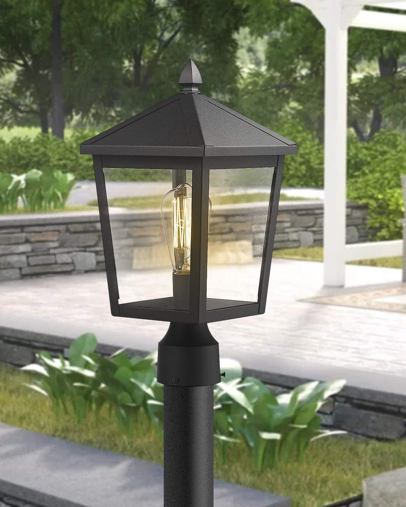 Outdoor Post Light, 16 Inch Exterior Pole Light Pillar Lantern with Clear Glass Shade and Black Finish